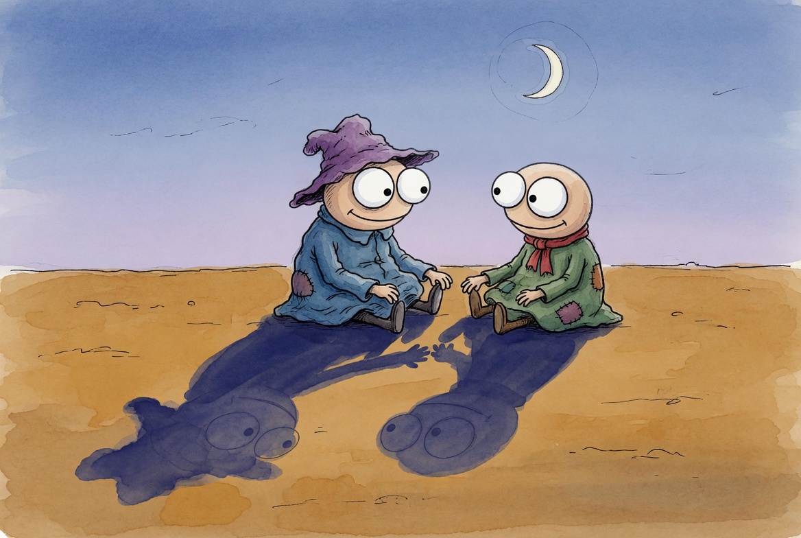 Two small figures sitting face to face, their shadows quietly having their own conversation beneath them